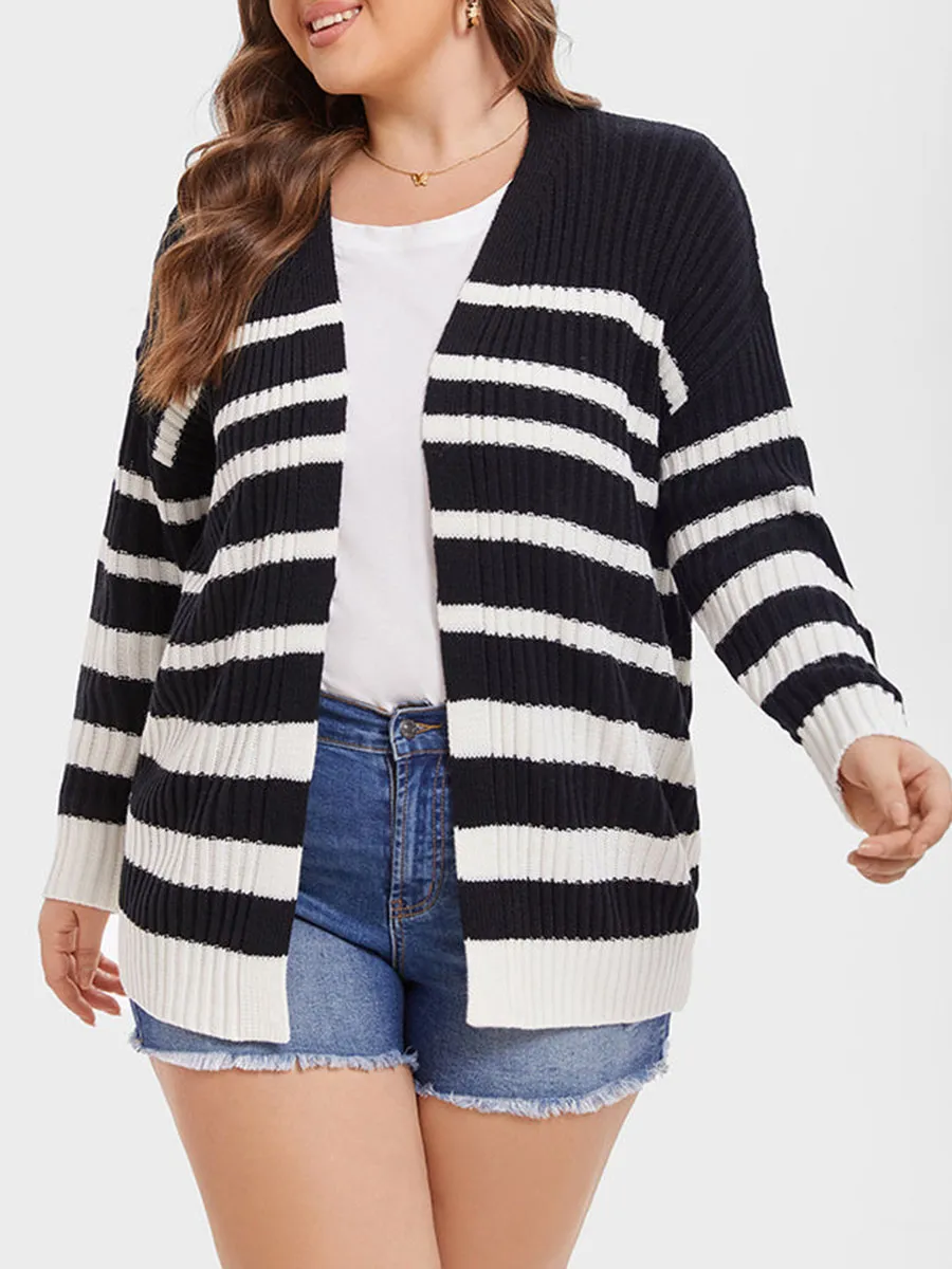 Striped Pattern Drop Shoulder Open Front Cardigan