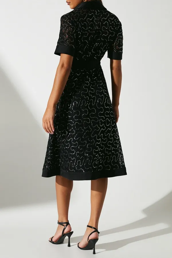 Embellished ¾ Length Sleeve Lace Tie Waist Midi Shirt Dress