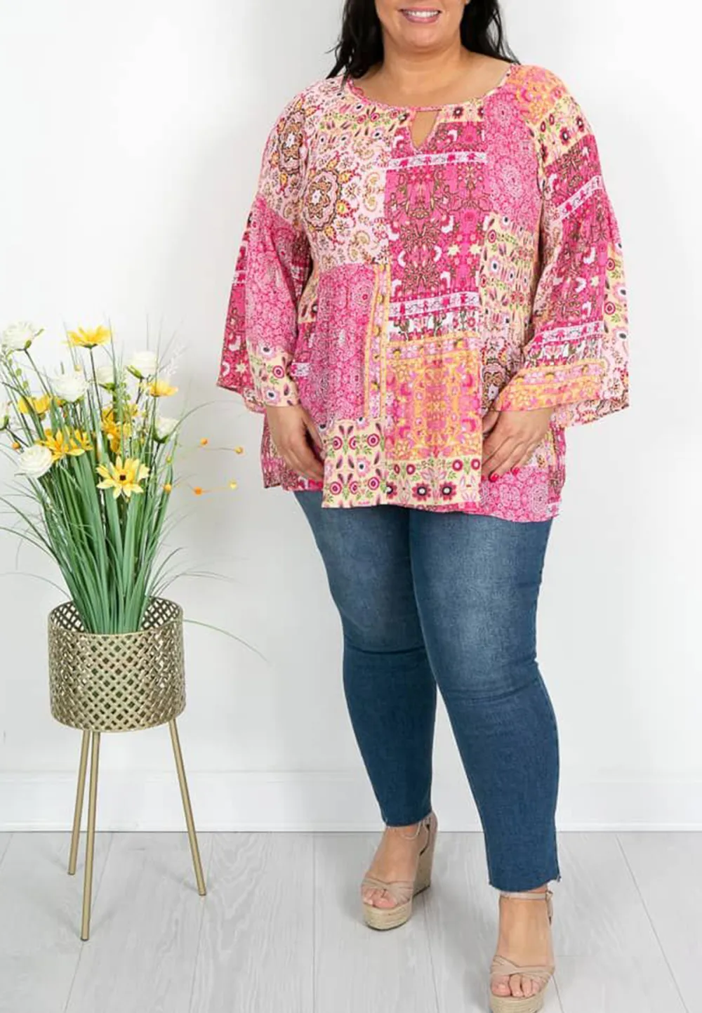 Pink and Yellow Paisley Pleat Top