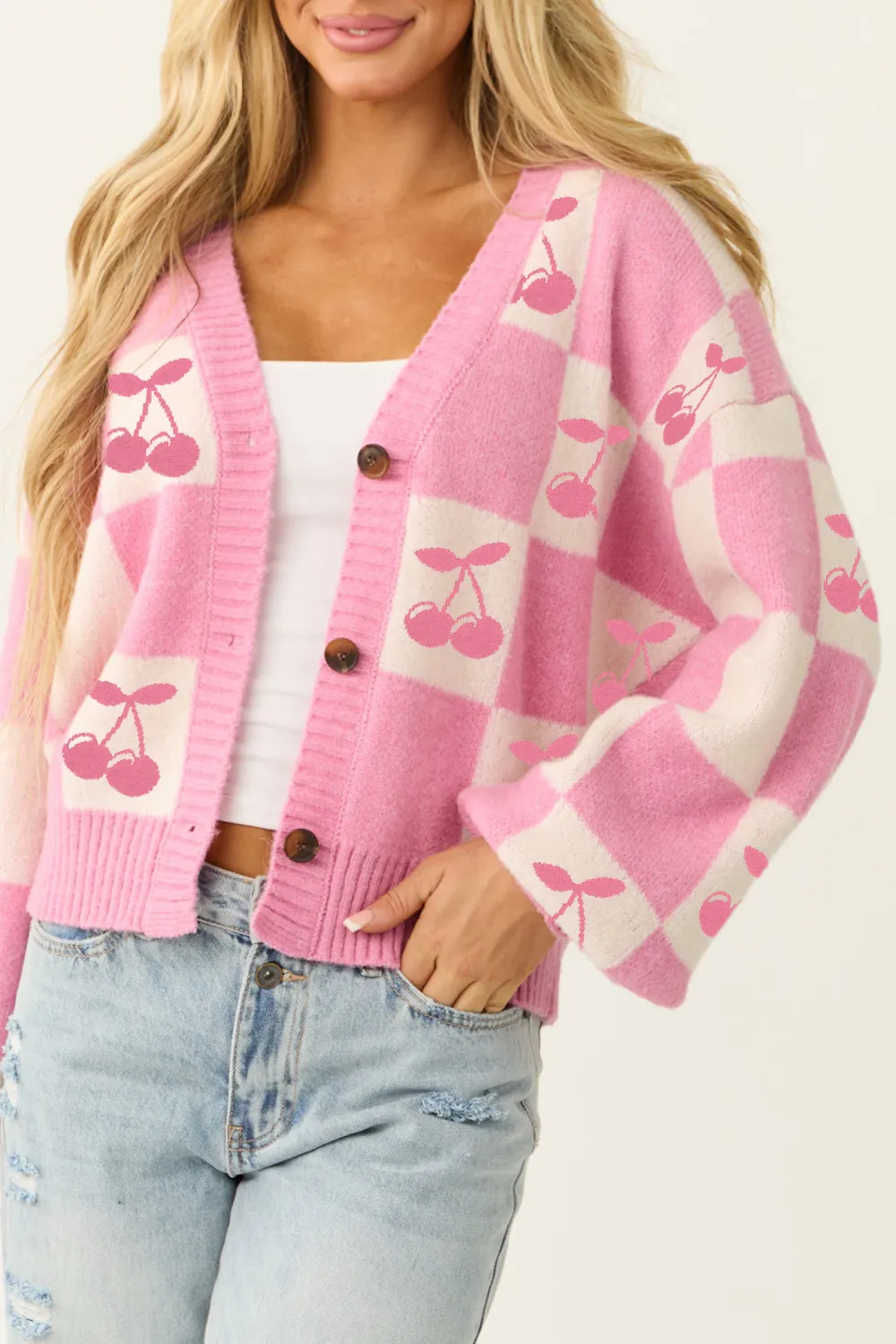 Bubblegum and Cream Checkered Print Cardigan