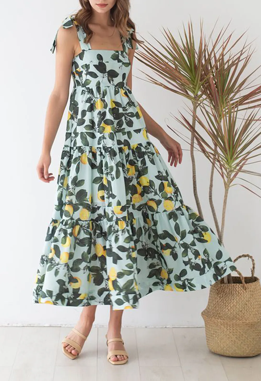 MINTY LEMON PRINTED TIE-STRAP MAXI DRESS