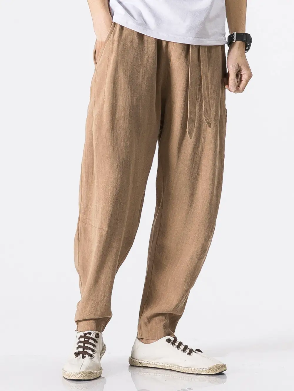 Detachable Belt Relax Fit Linen And Cotton Blend Harem Pants