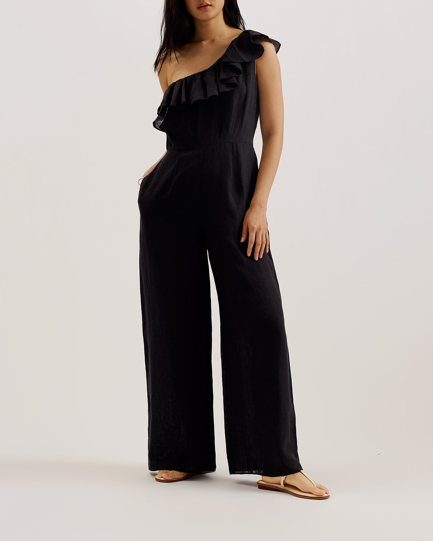 Fuji Ruffle One Shoulder Jumpsuit Black