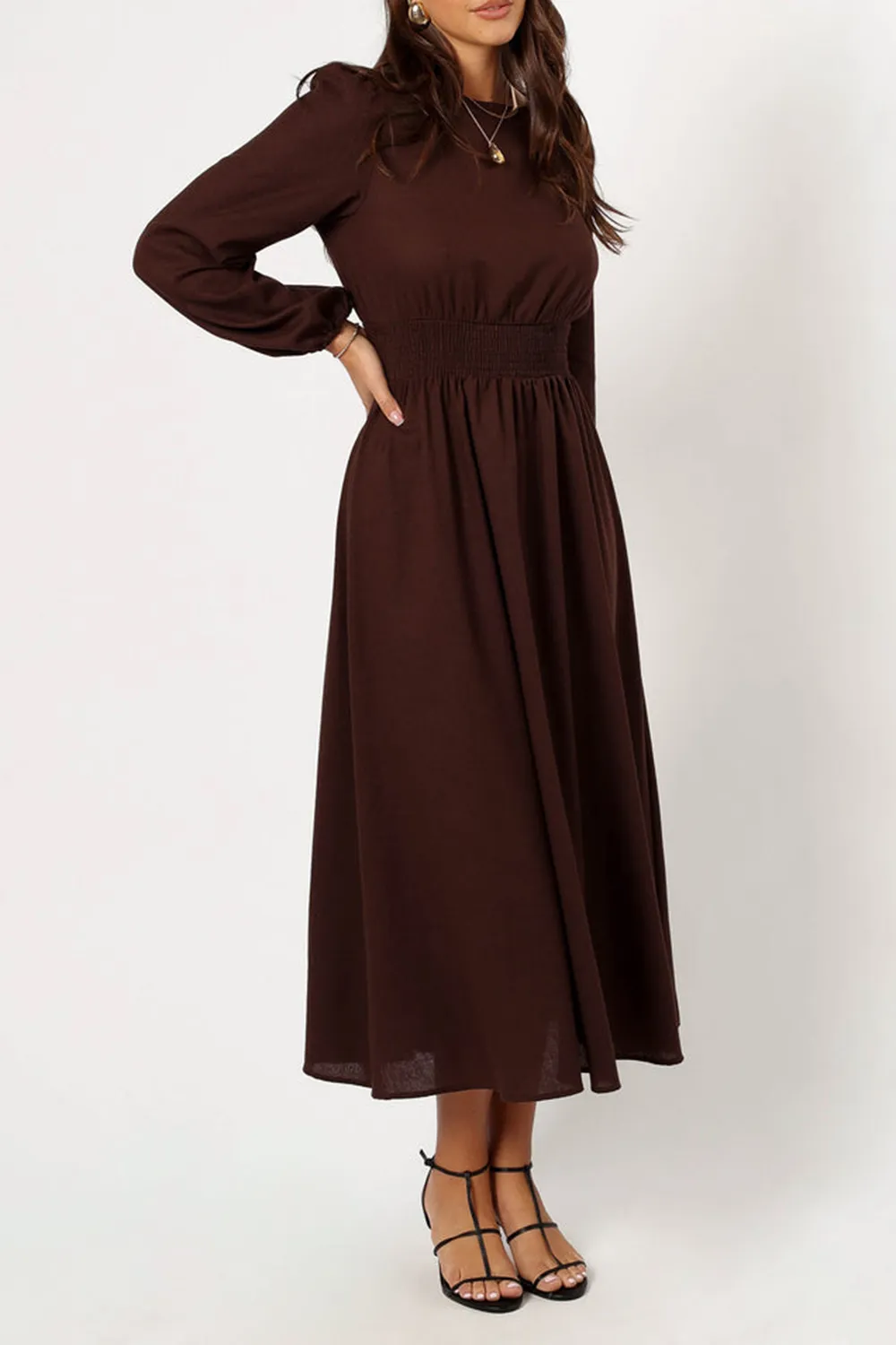 ROMAN LONG SLEEVE MAXI DRESS - BROWN