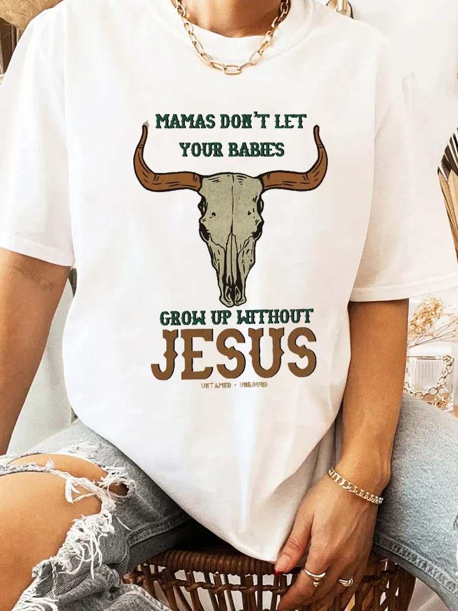 Wild West Bull Head Pattern Jesus Slogan T-shirt