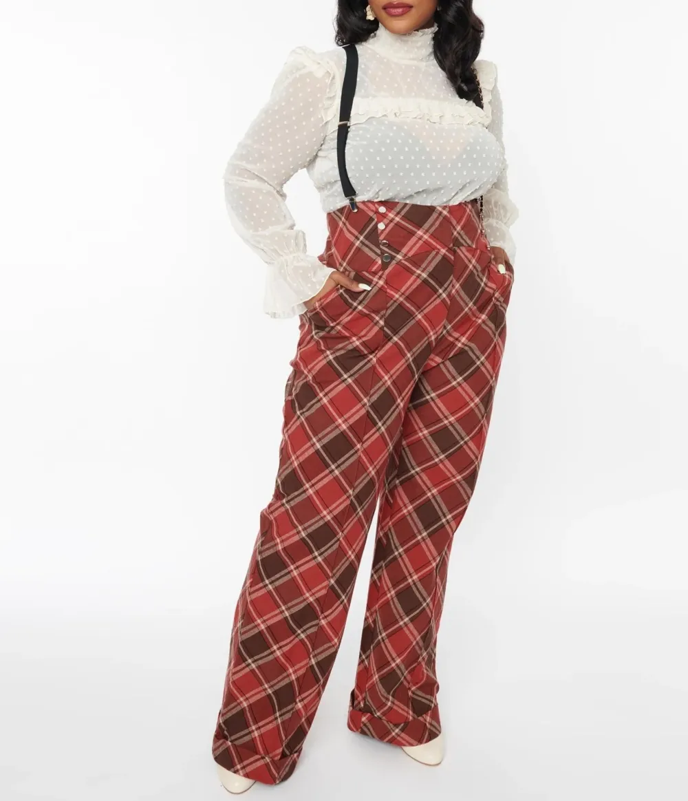 Unique Vintage 1940s Red & Brown Plaid Wide Leg Suspender Pants