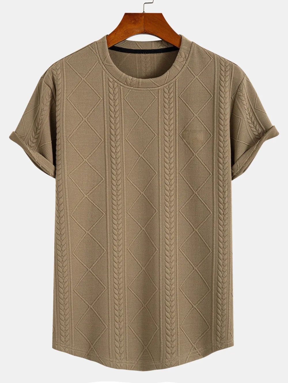 Short Sleeve Geometric Jacquard Arc Hem T-Shirt