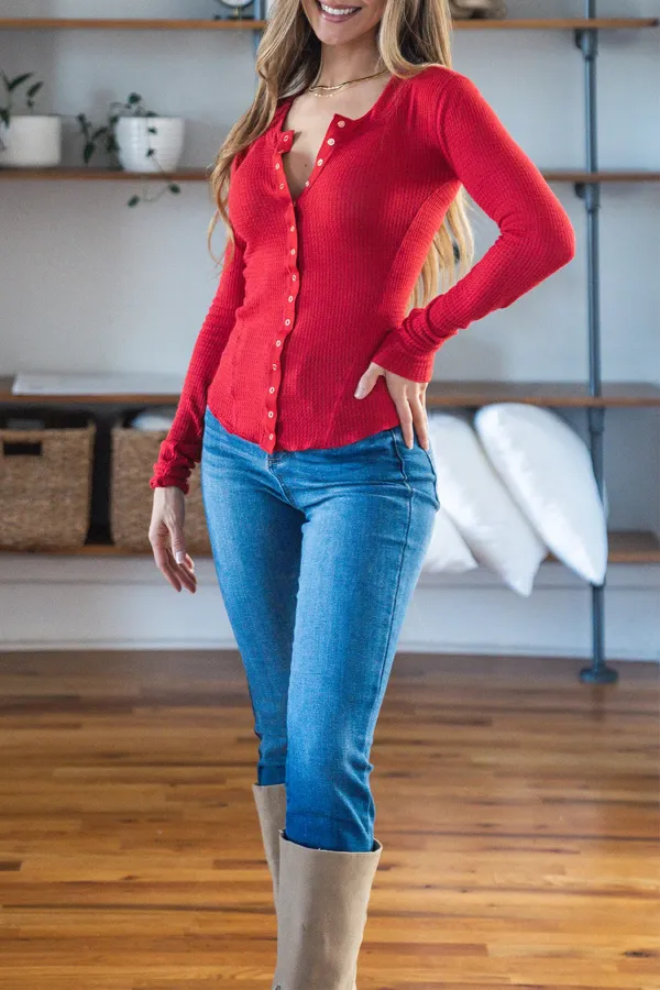 Red button stylish cardigan