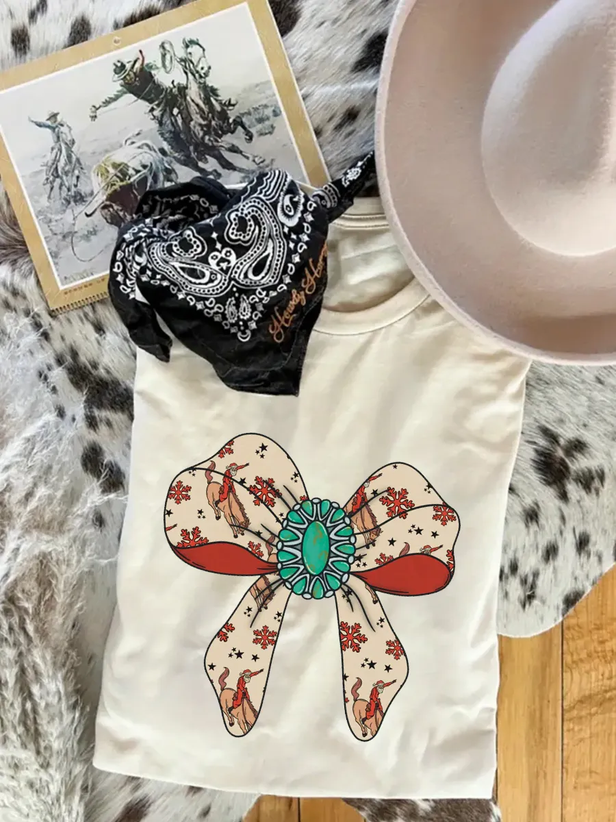 Western turquoise denim bow pattern T-shirt