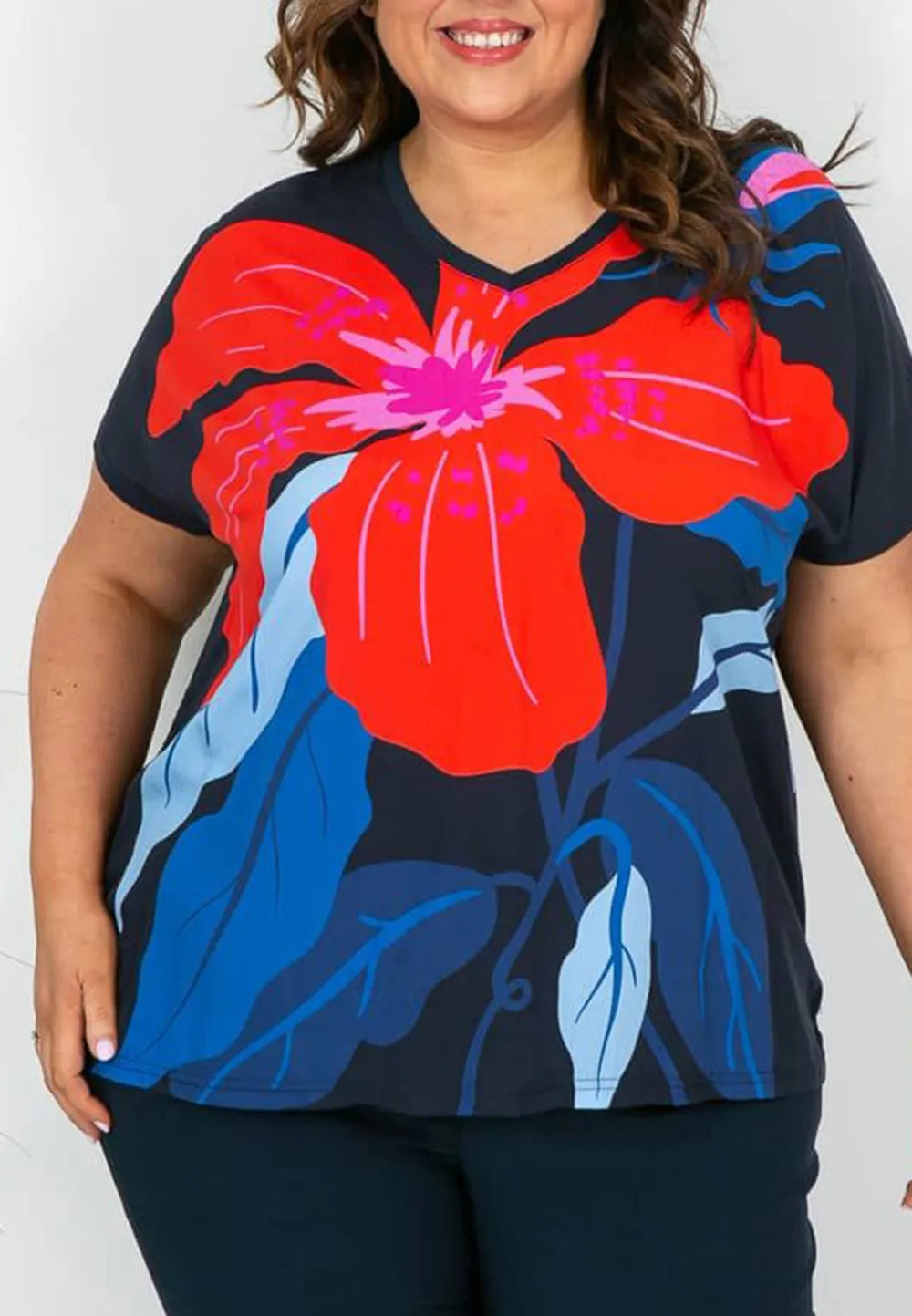 Navy and Red Floral Top