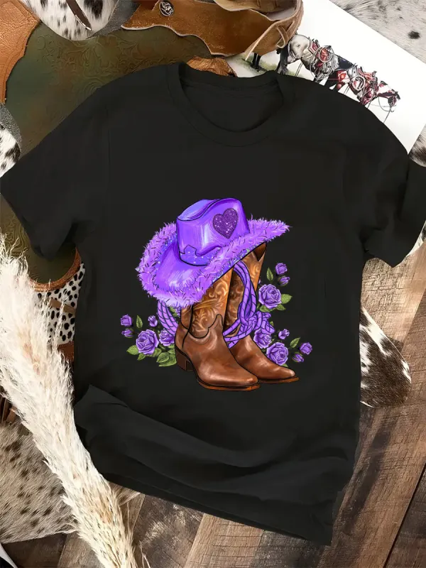 Purple cowgirl hat and roses T-shirt