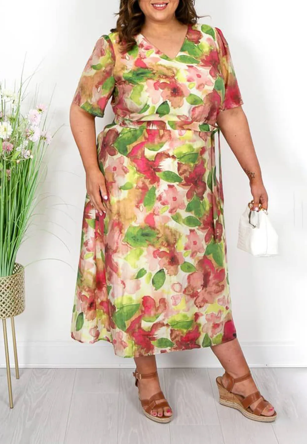 Green Red Floral Print V Neck Dress