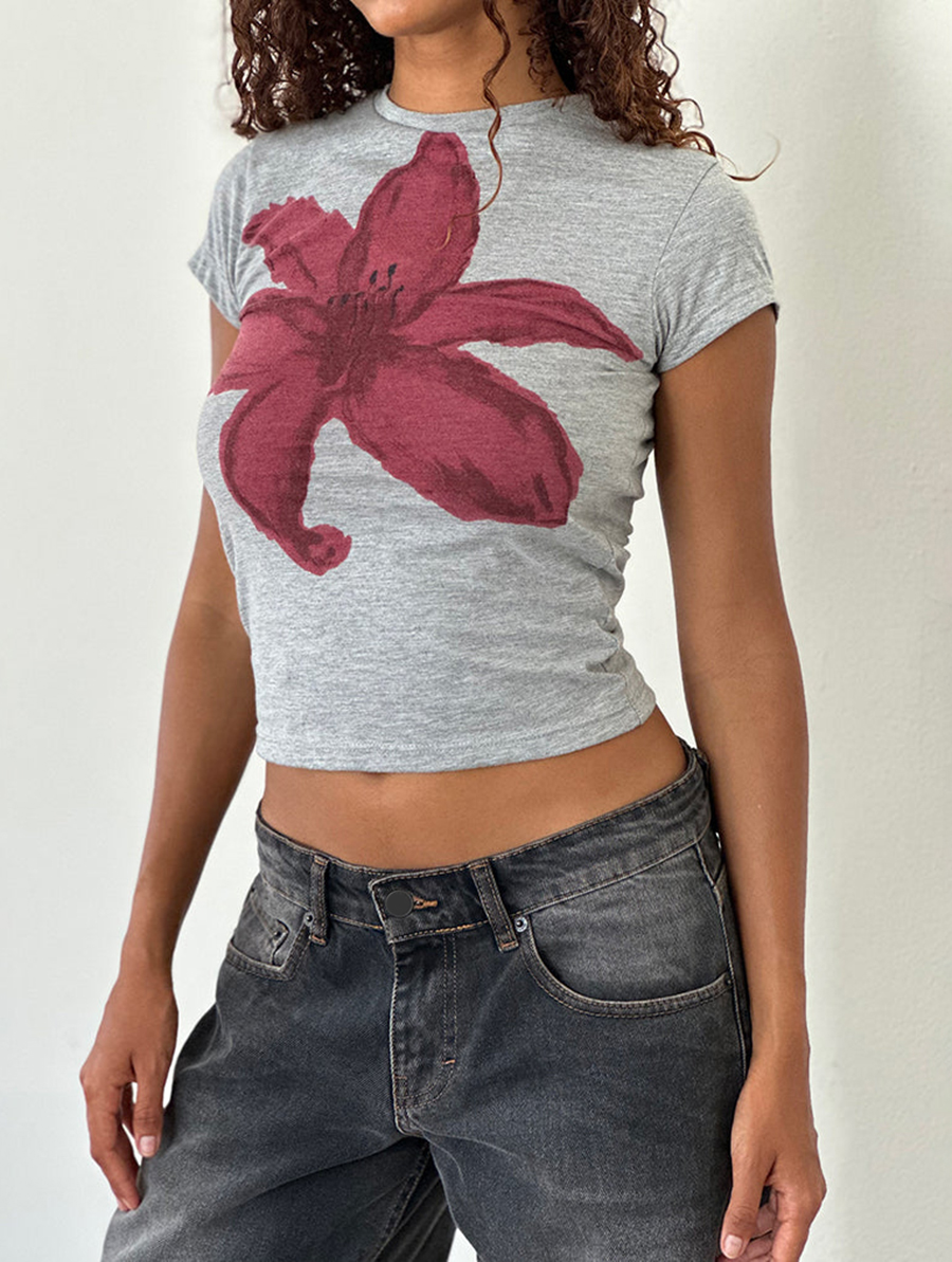 Grey Marl Painted Flower Graphic Sutin Tee