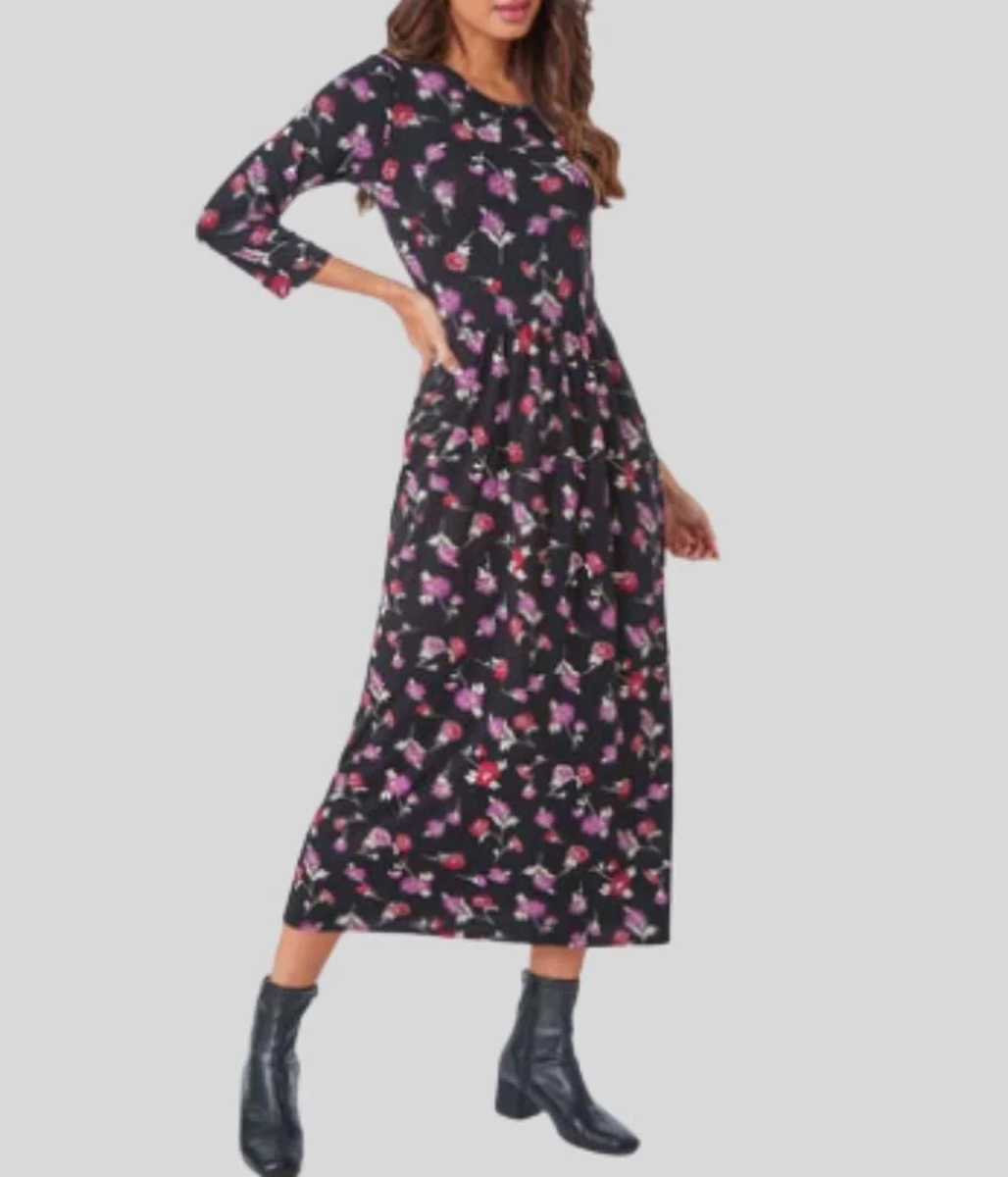 Black Floral Jersey Midi Dress