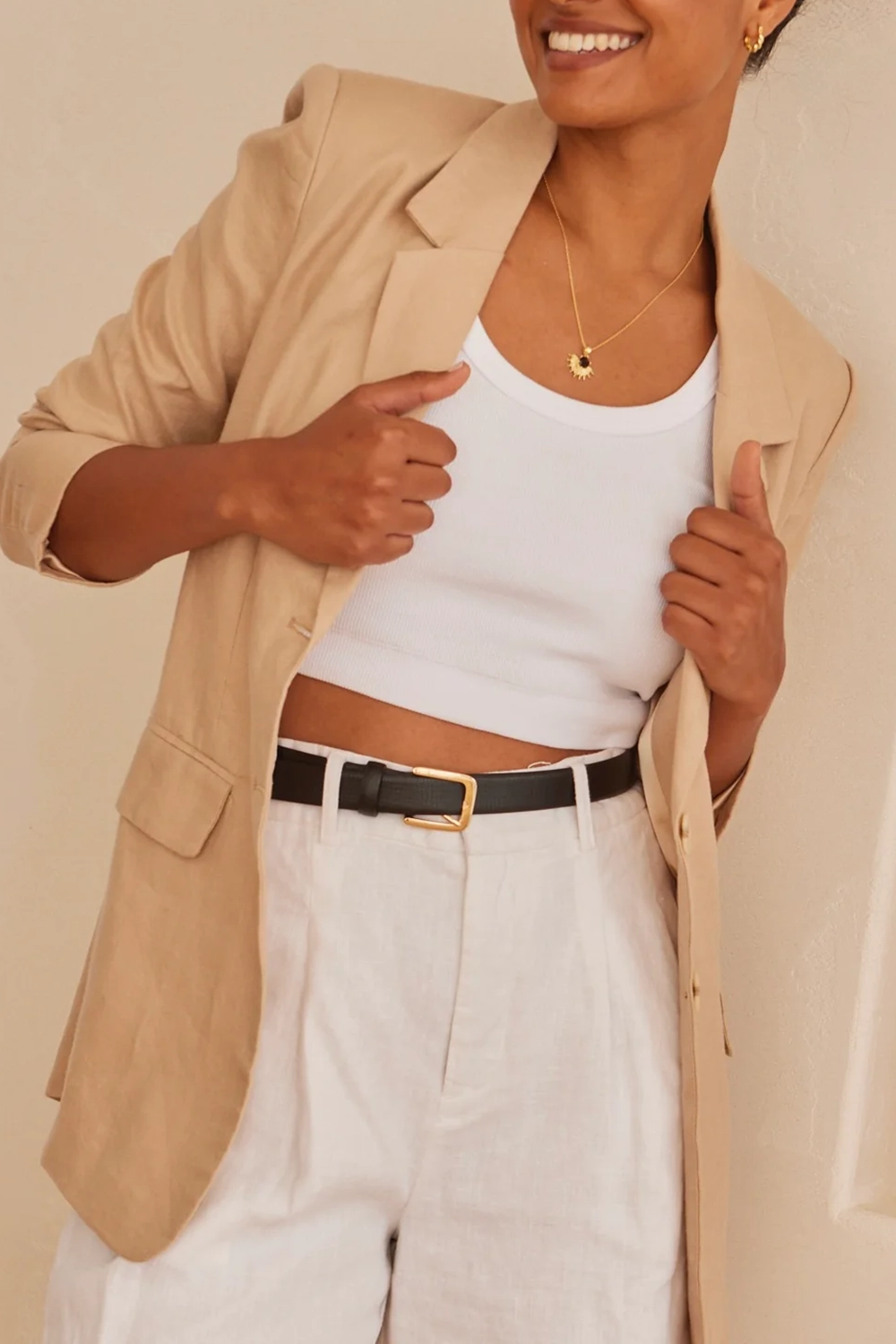 Aster Desert Sand Linen Single Breasted Longline Blazer