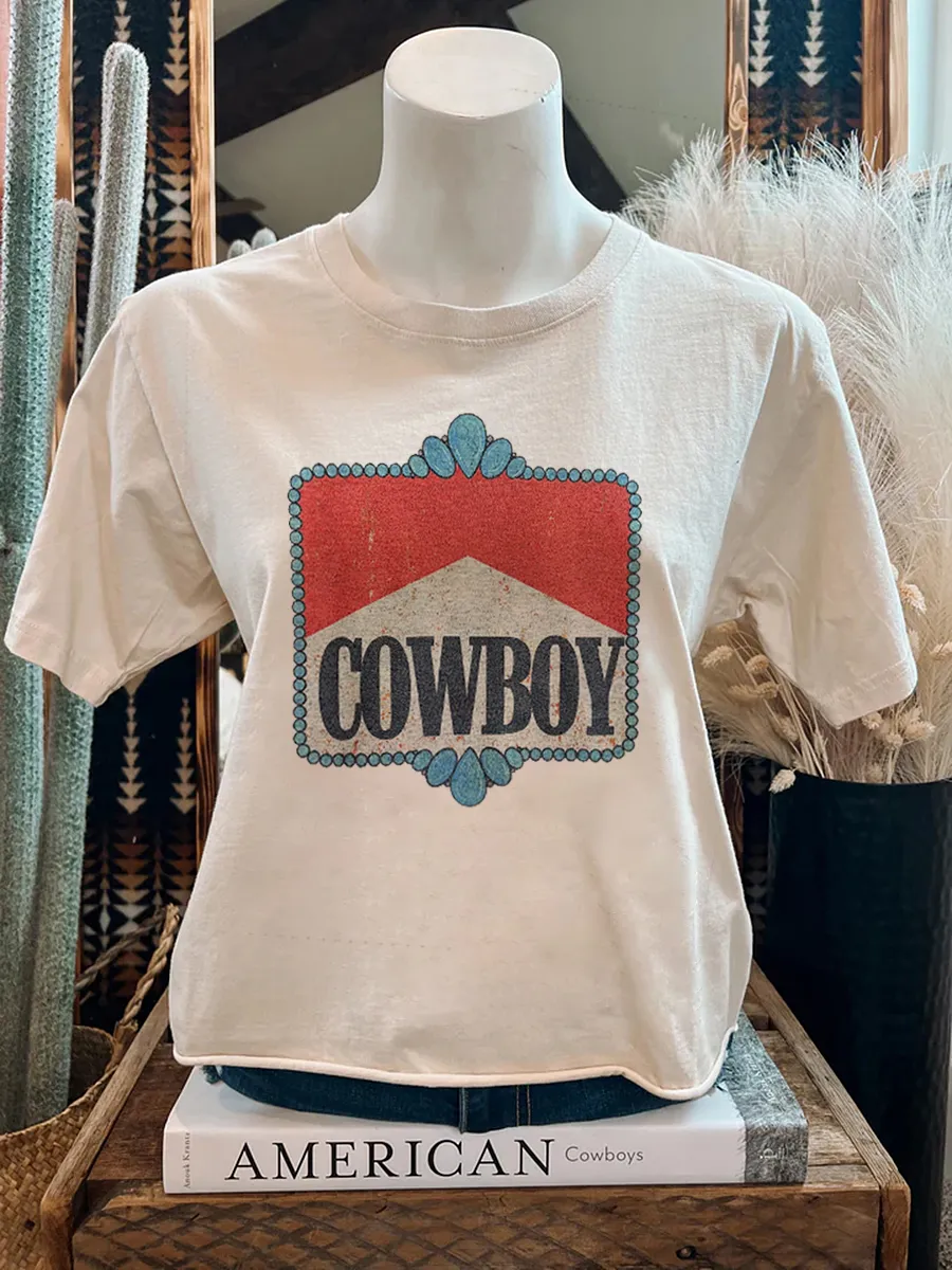 Retro Western Cowboy Letter Pattern Printed Round Neck T-shirt