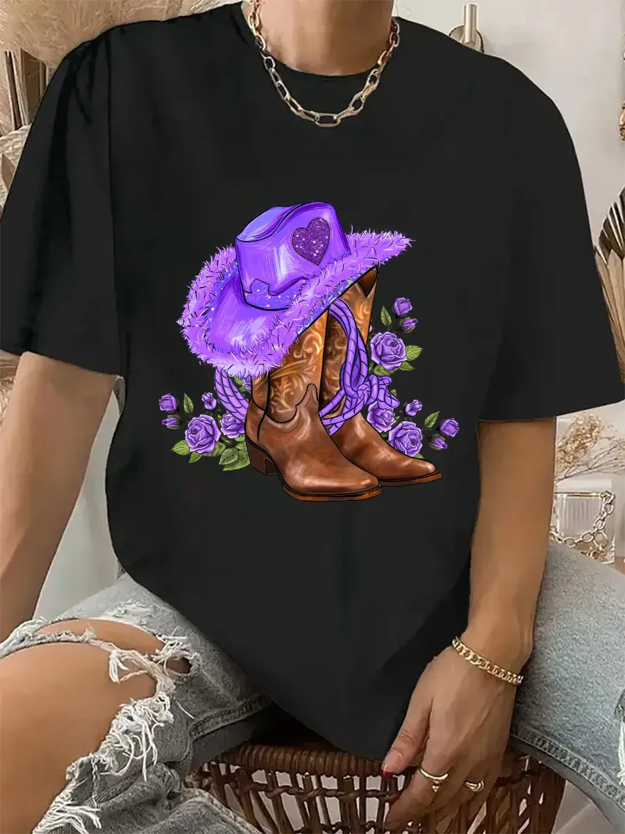 Purple cowgirl hat and roses T-shirt