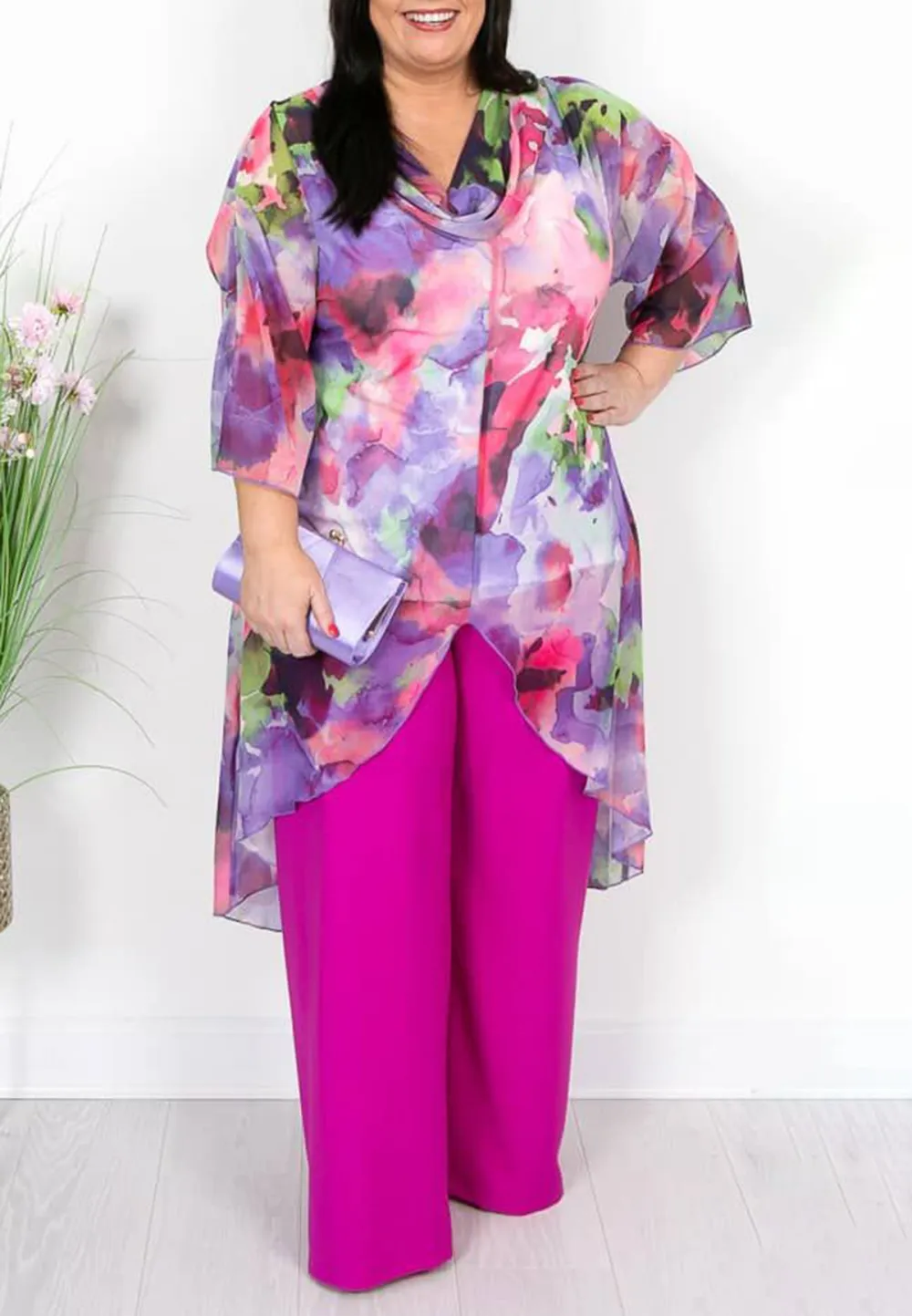 Purple Pink Print Draped Collar Blouse