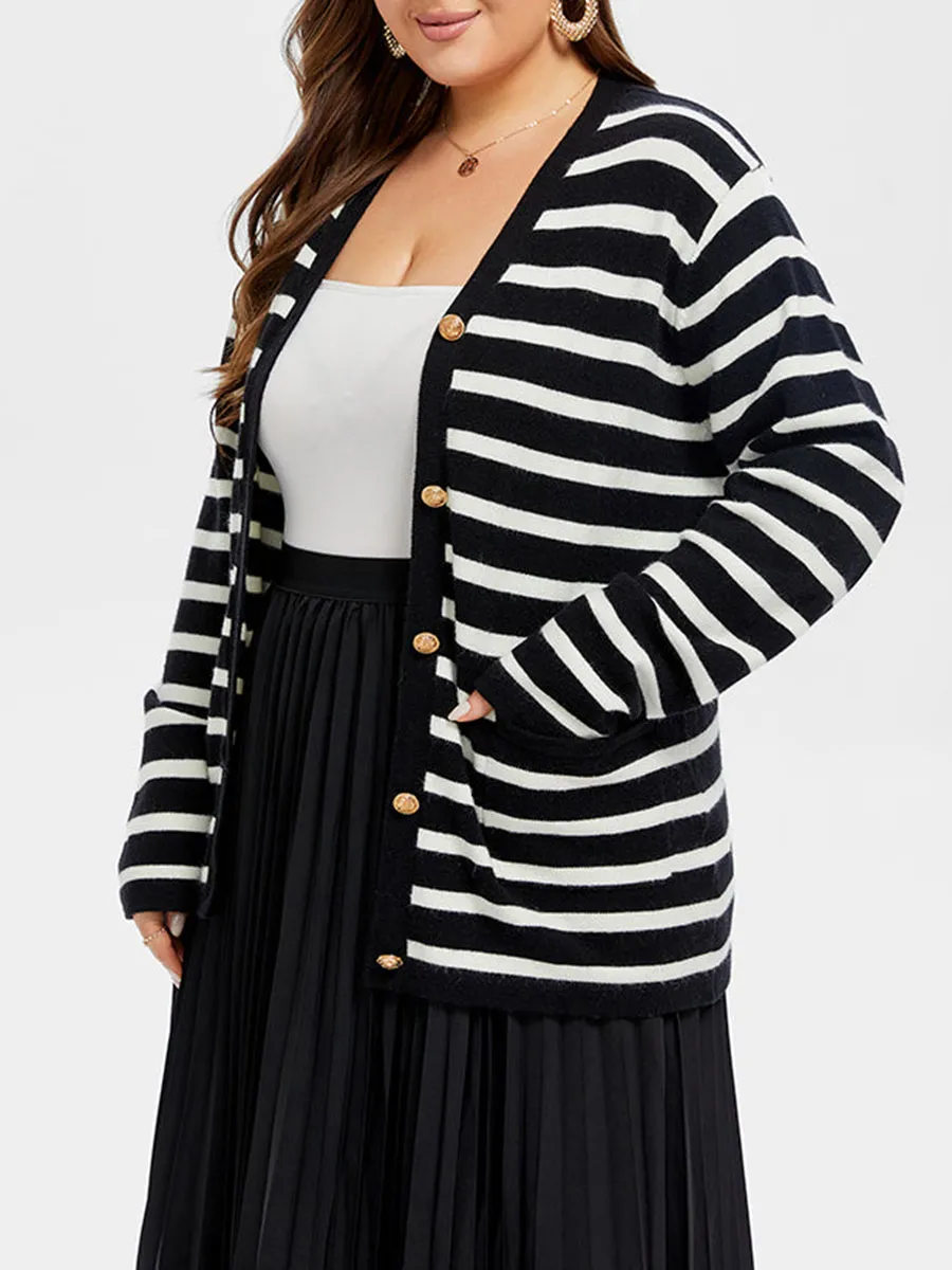 Striped Pattern Double Pocket Button Front Tunic Cardigan