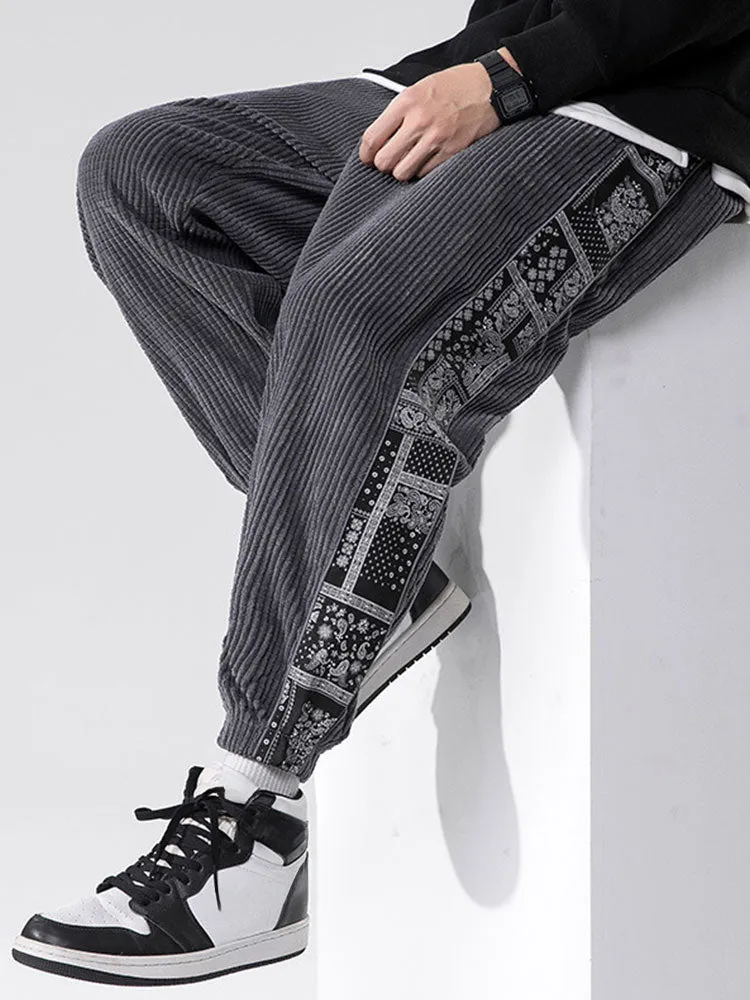 Corduroy Paisley Print Panel Pants