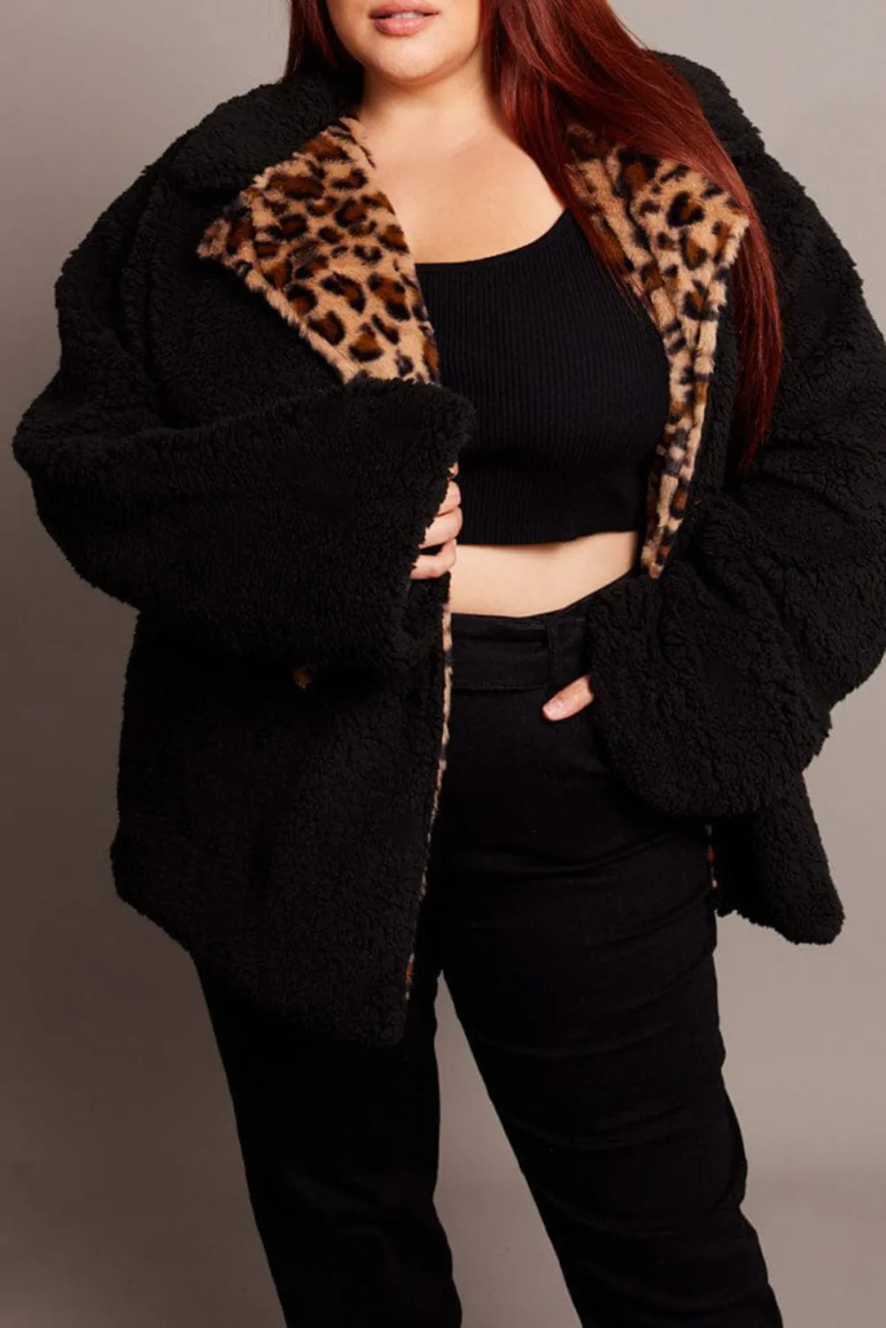 Black Teddy Jacket Long Sleeve Leopard Trim