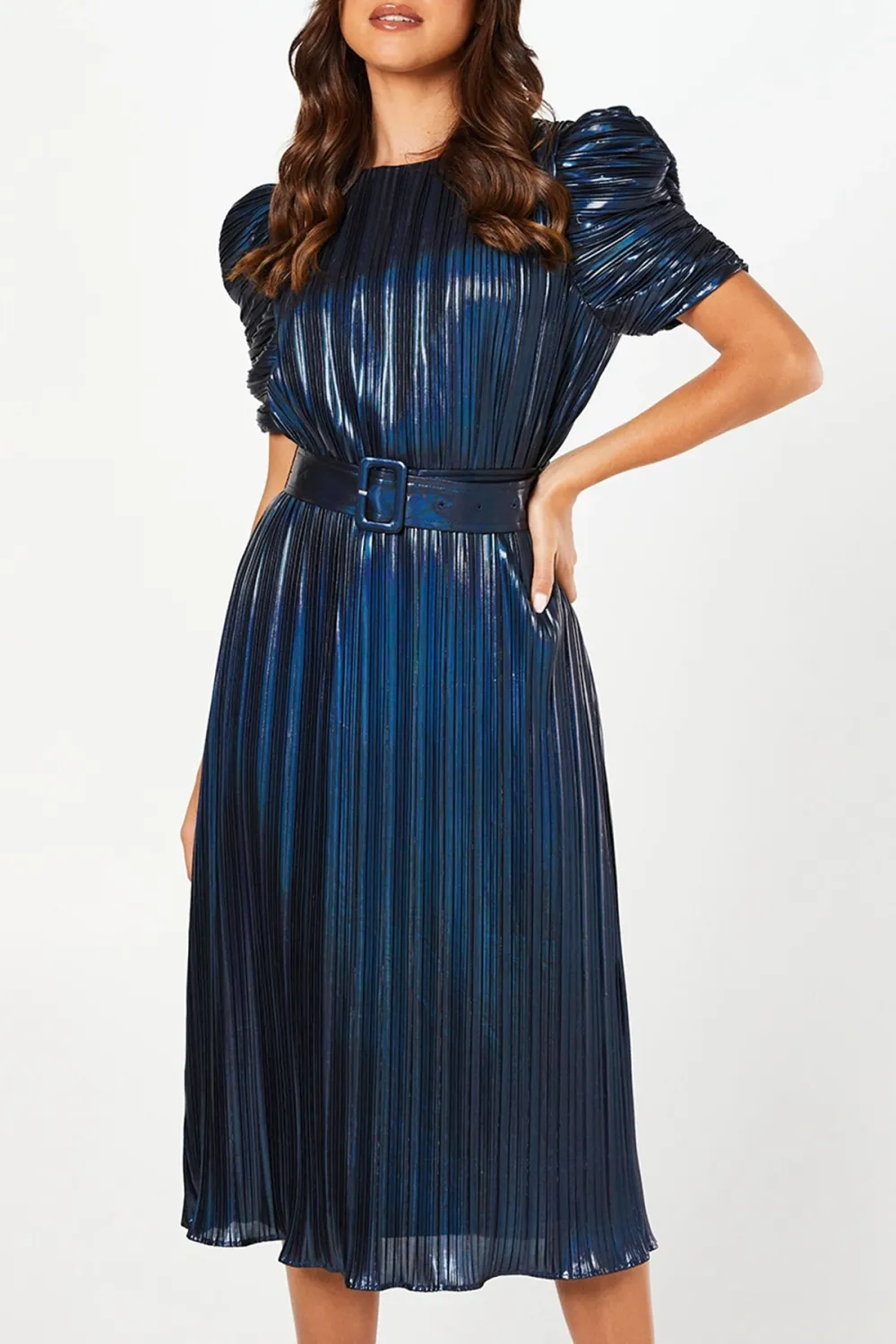 Metallic Pleated Puff Sleeve Midi Dress