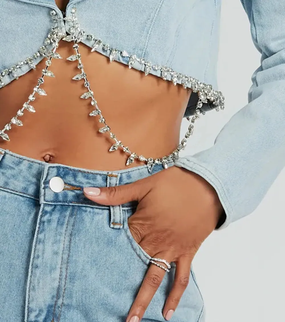 Oh So Icy Rhinestone Trim Crop Denim Blazer