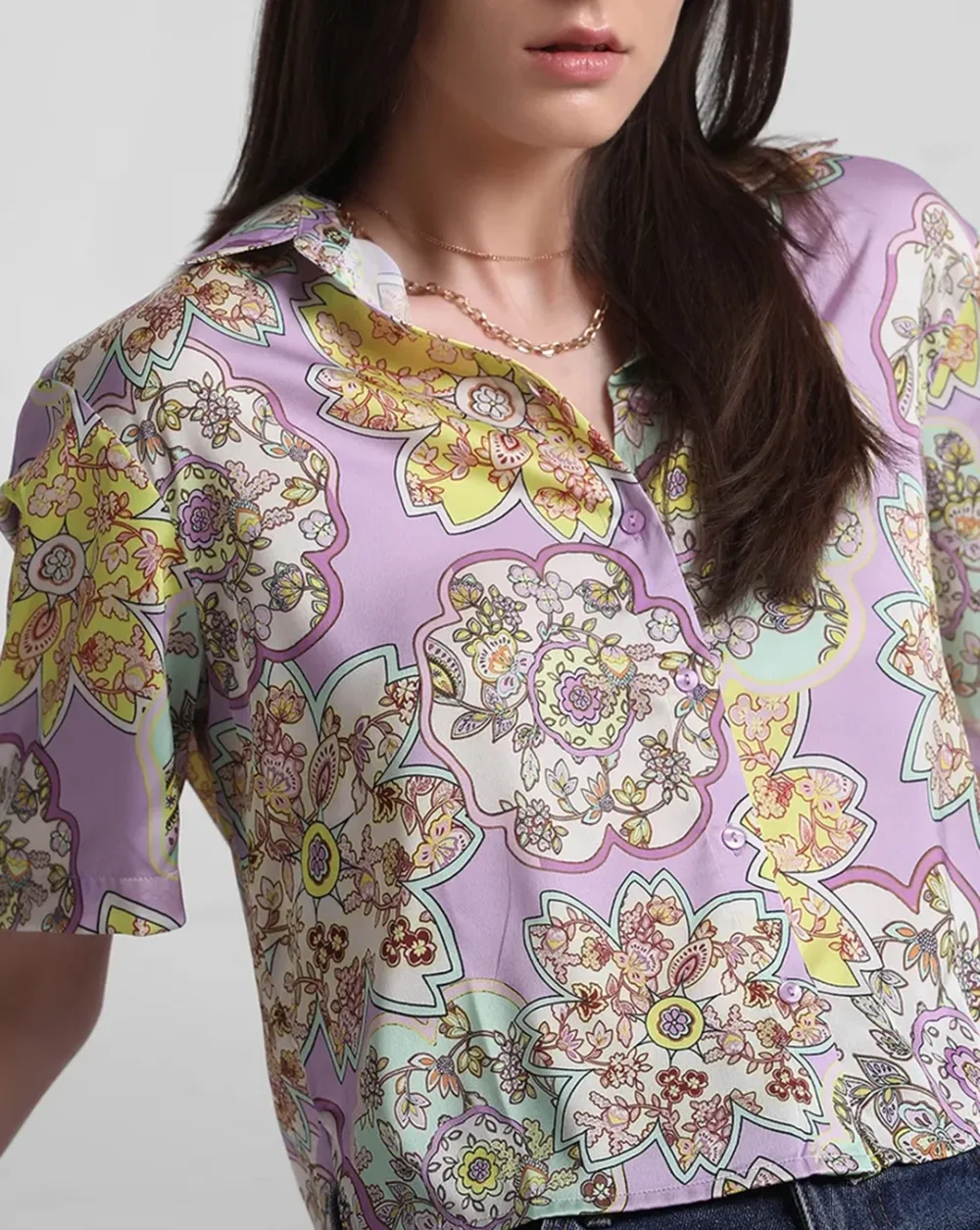 Lavender Floral Print Satin Shirt