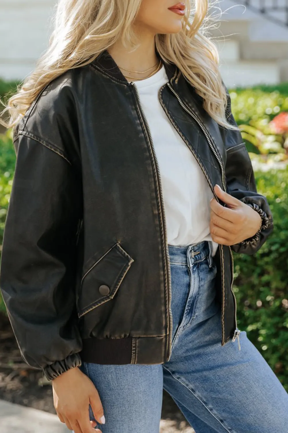 Dark Brown Faux Leather Bomber Jacket