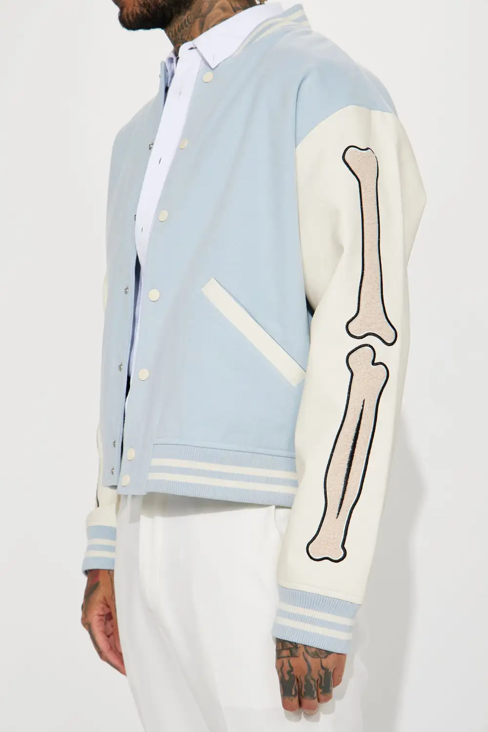 Bone Applique Varsity Bomber Jacket - Light Blue