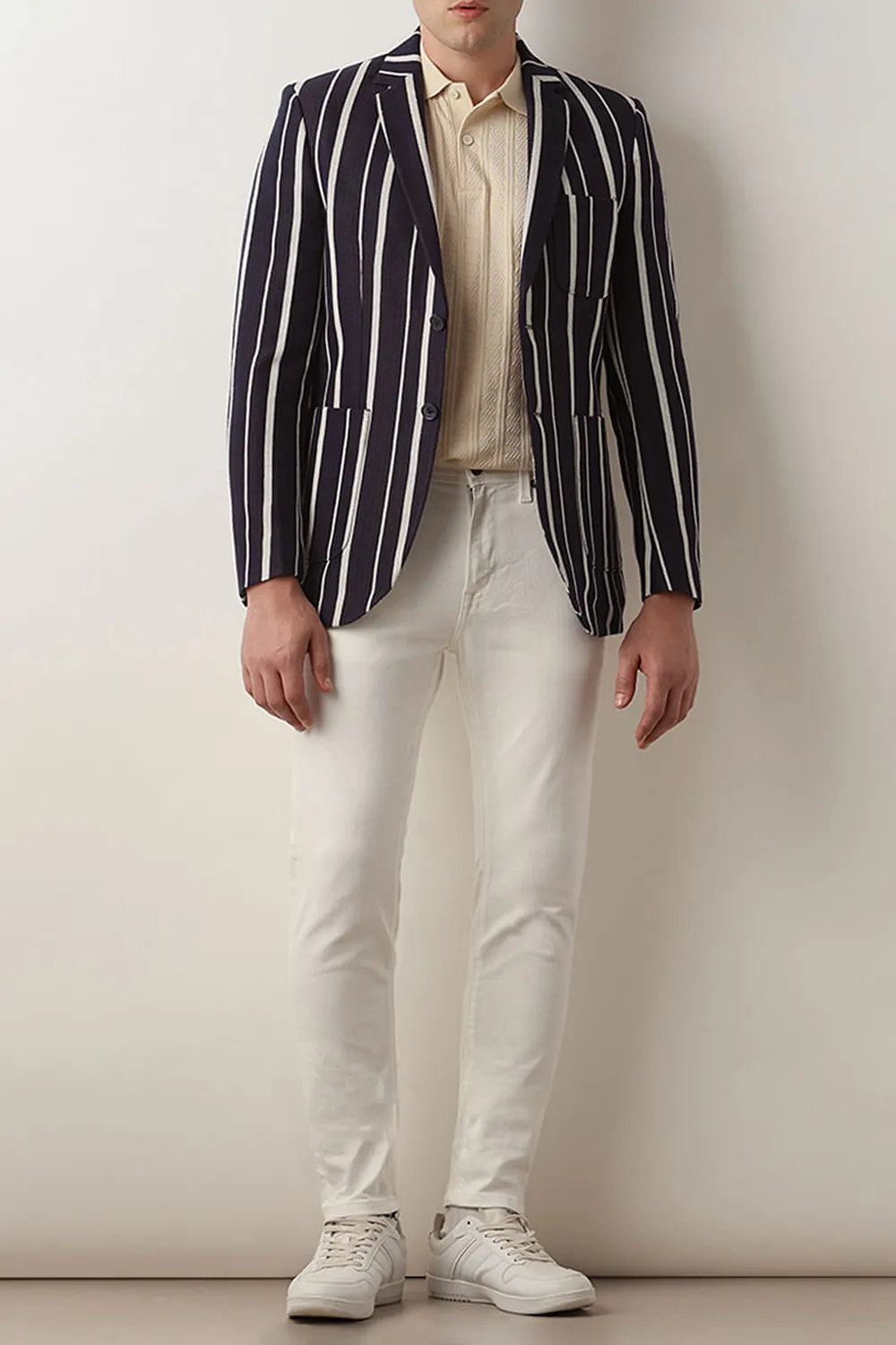 Beige Textured Linen Casual Blazer