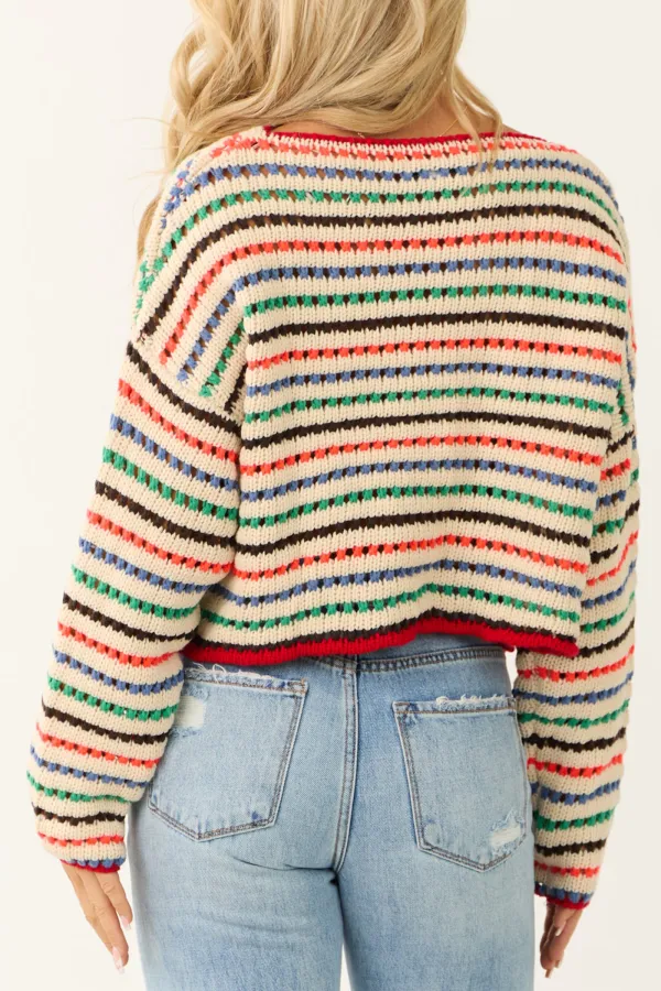 Cream Multicolor Striped Open Crochet Sweater