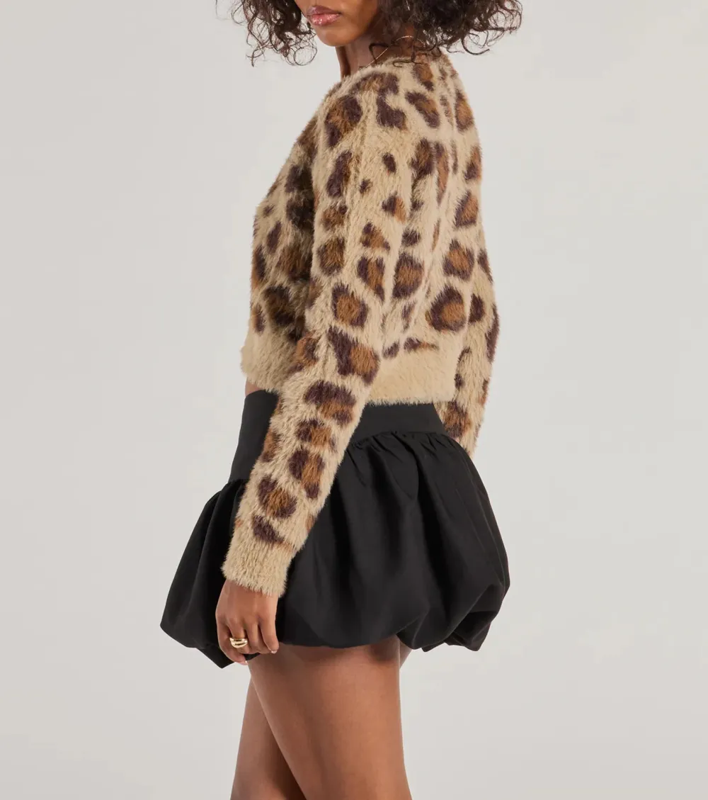 So Fierce Leopard Print Eyelash Knit Cropped Cardigan