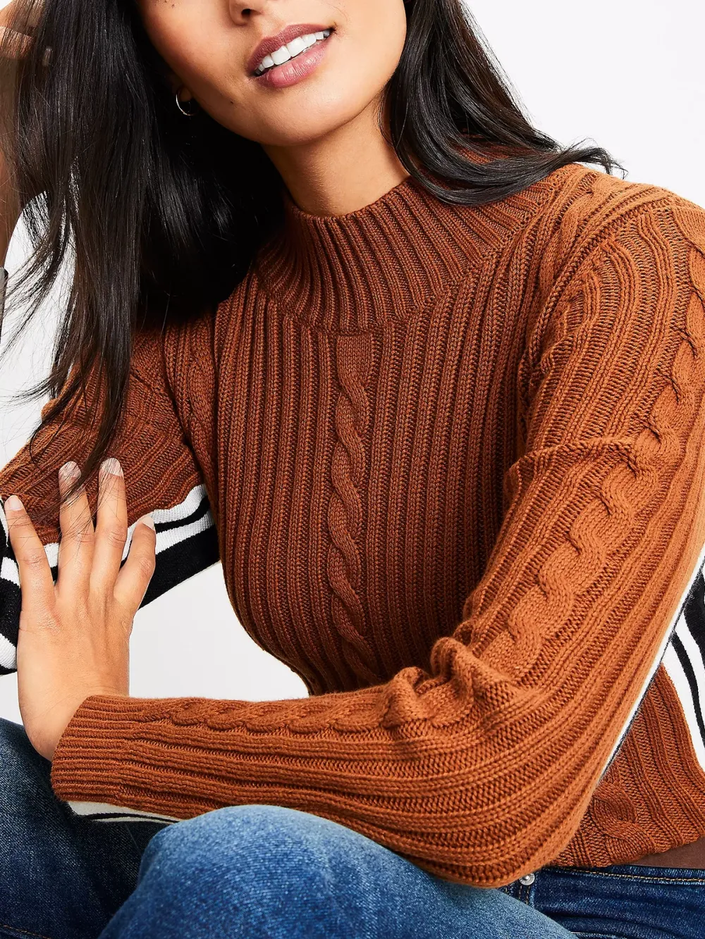 Side Striped Cable Mock Neck Sweater