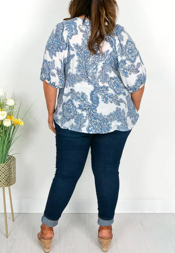 White and Blue Floral Button Top