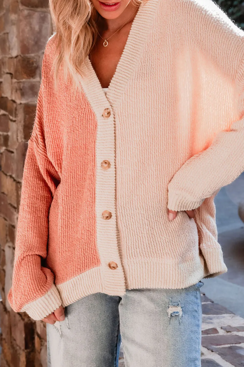 Multi Pink Color Block Button Down Cardigan