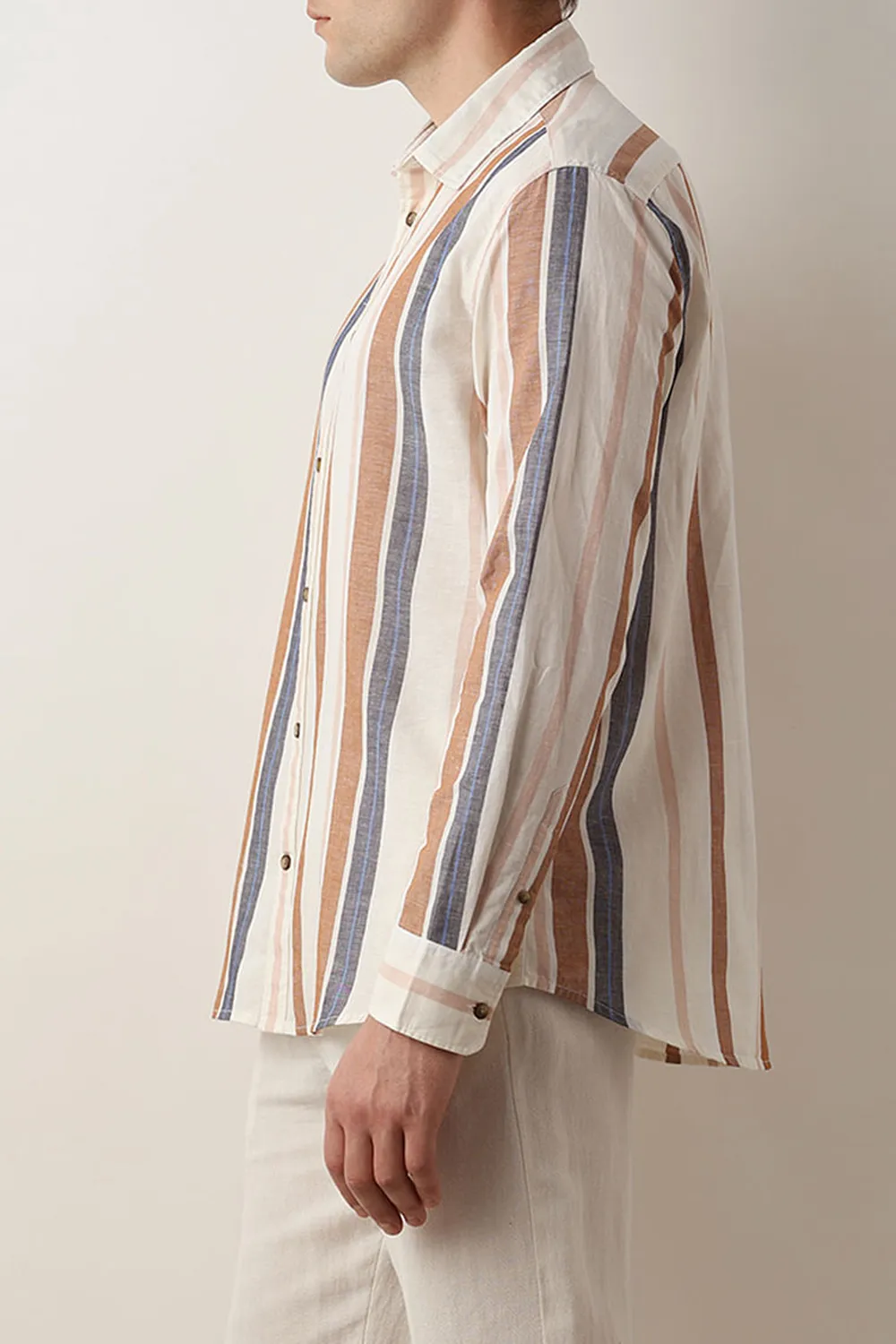 Beige Striped Linen Full Sleeves Shirt