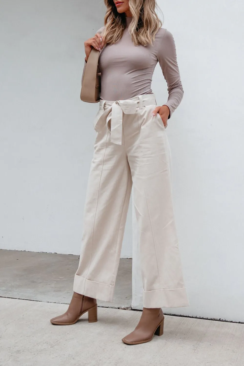 Belted Wide Leg Cuffed Pants - Natural