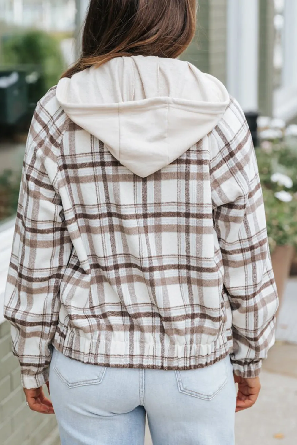 Brown Plaid Hooded Zip Up Jacket