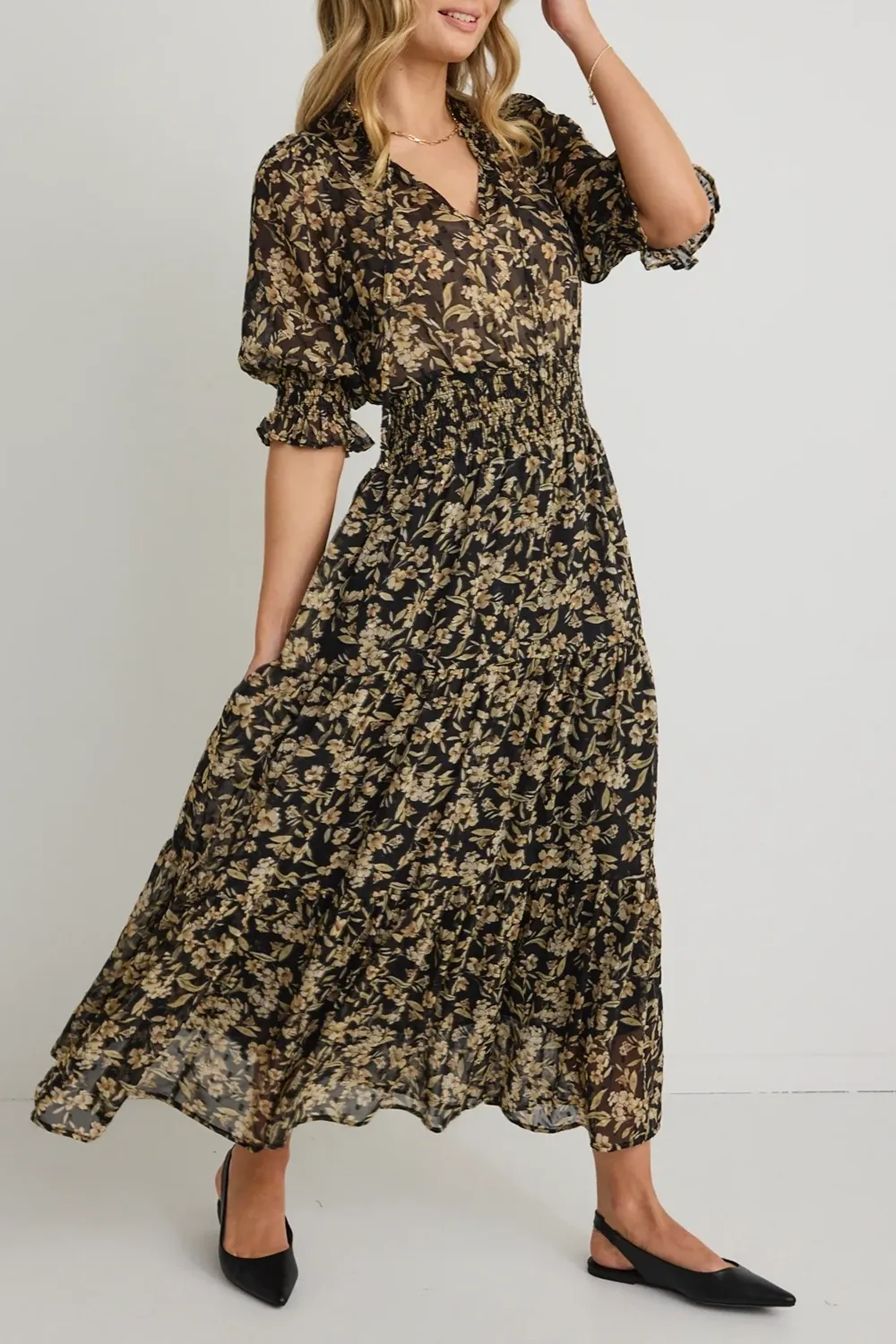 Charlie Black Gold Floral SS V Neck Tiered Midi Dress