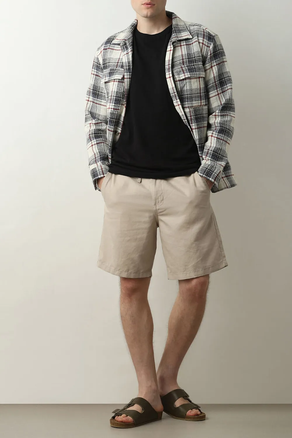 Beige Mid Rise Drawstring Linen Shorts