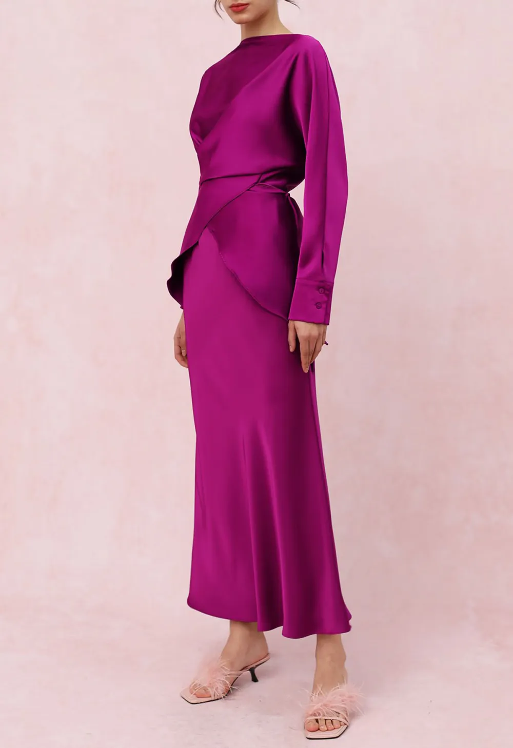 BOAT NECK CRISSCROSS WAIST SATIN TOP IN MAGENTA