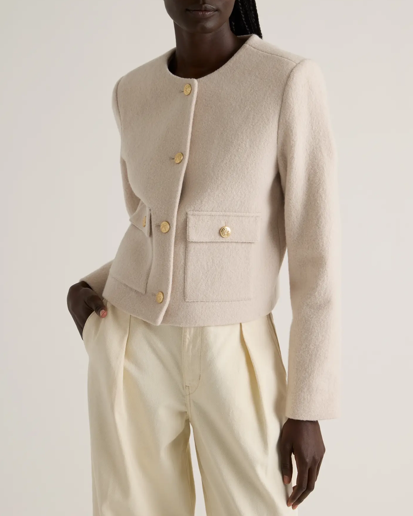 Collarless Cropped 100% Merino Wool Jacket