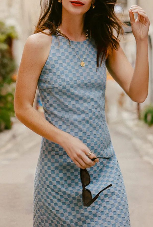 Renee Knit Dress - Denim Checkered