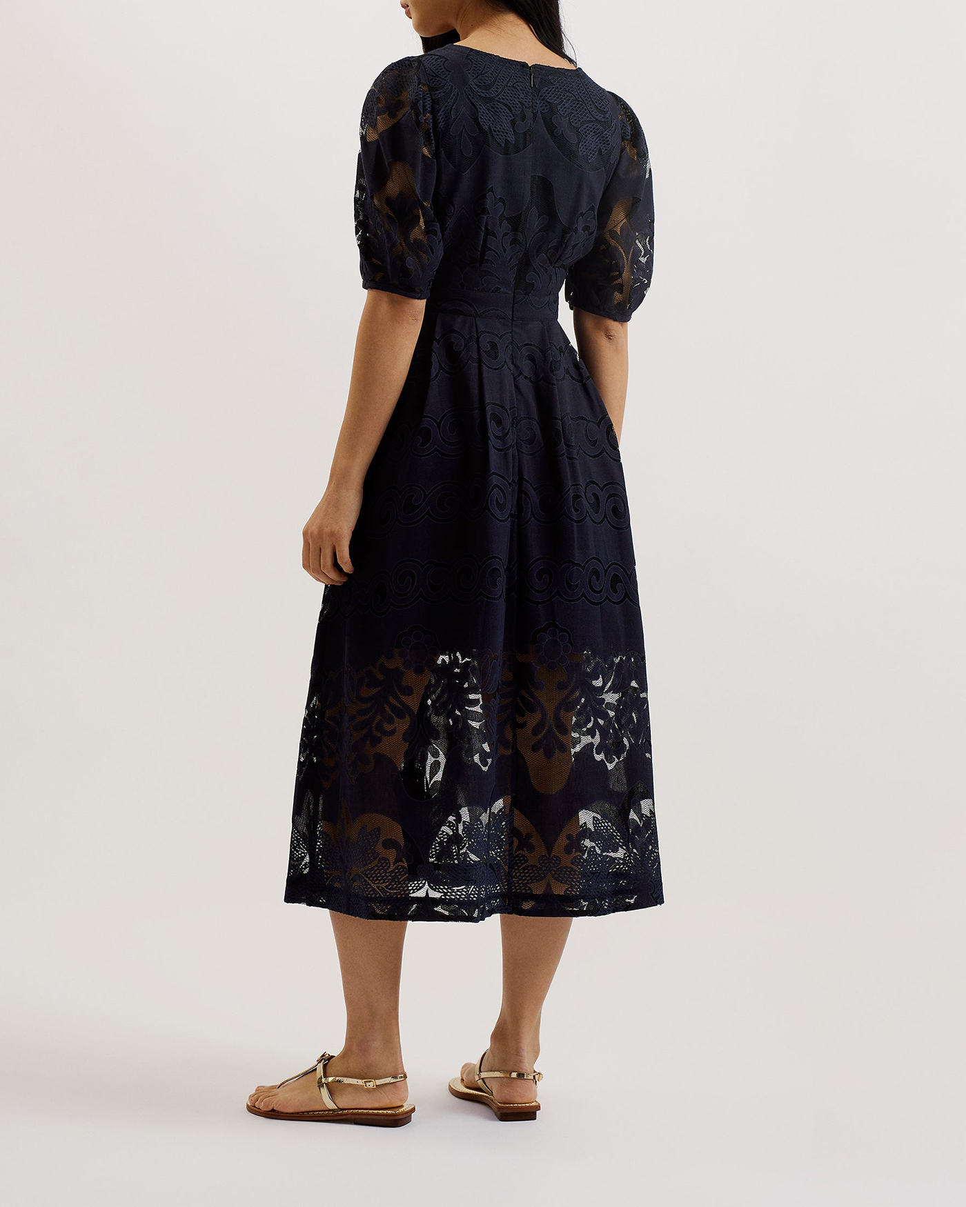 Agnel Lace Puff Sleeve Midi Dress Navy