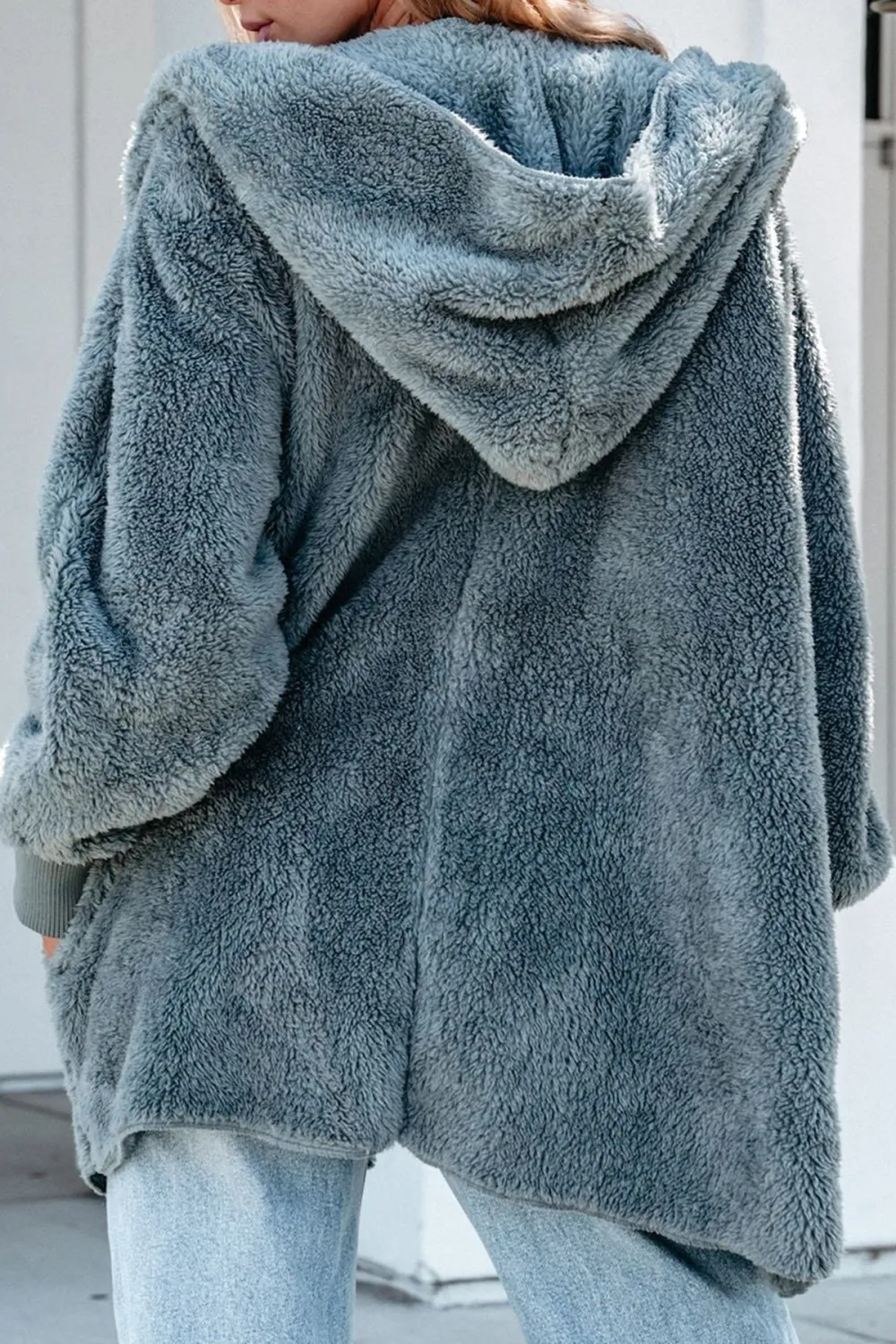 Teddy Fleece Hooded Cardigan - Blue Grey