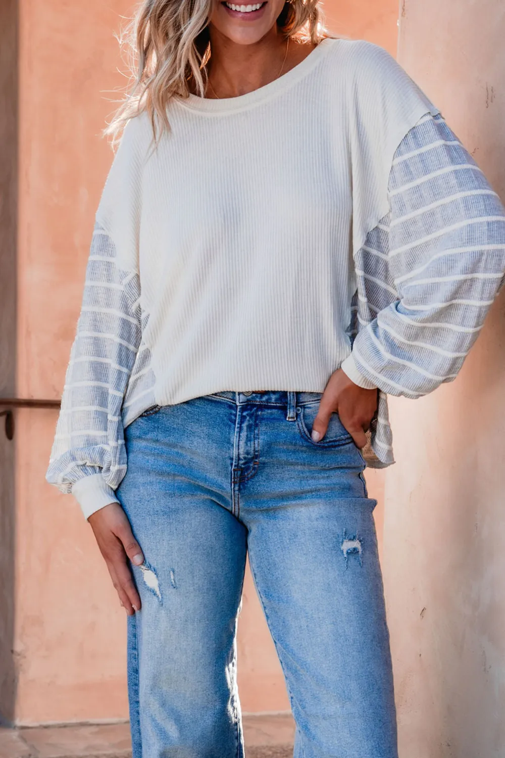 Grey and Cream Contrast Striped Sweater