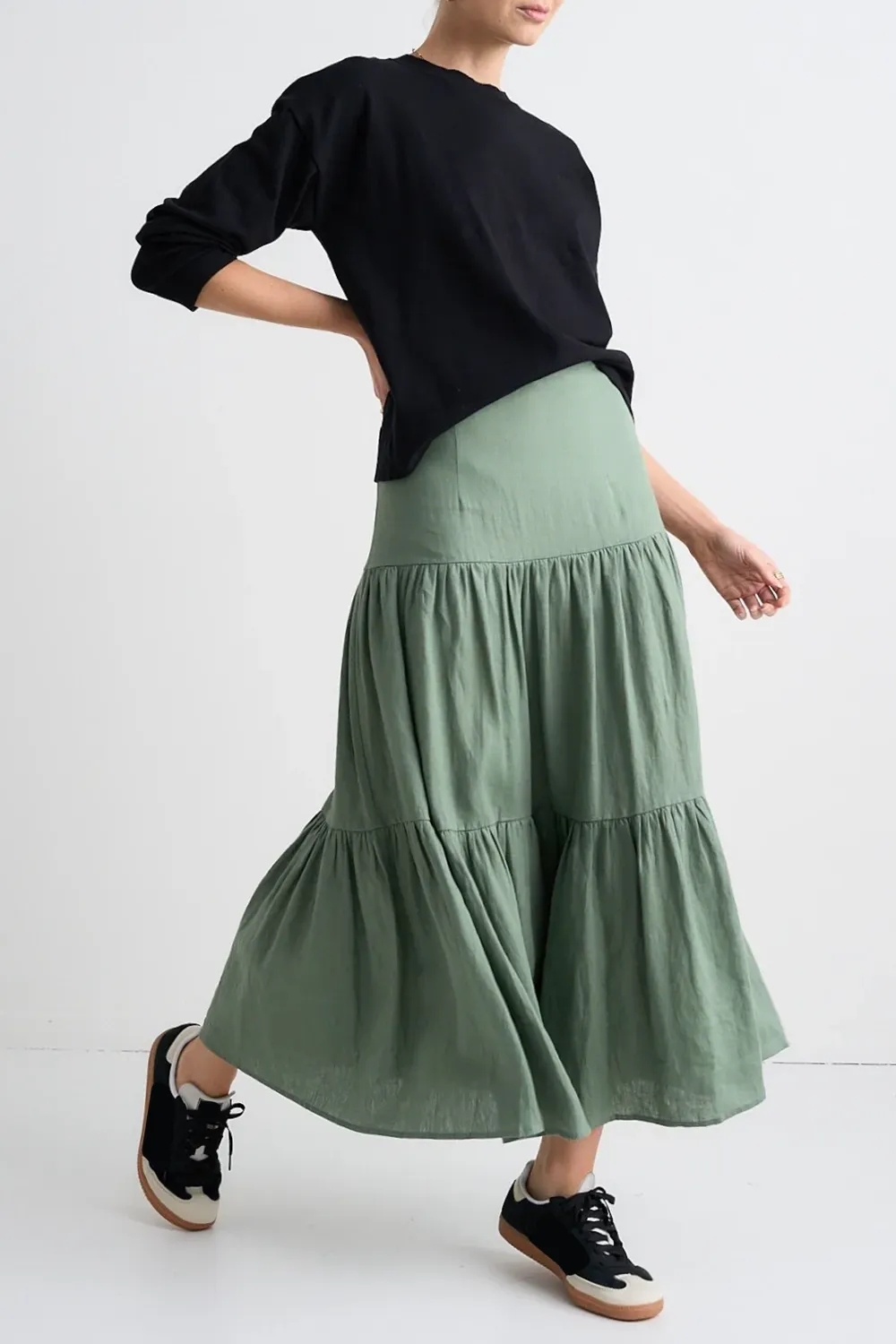 Blazing Moss Tiered Linen Midi Skirt