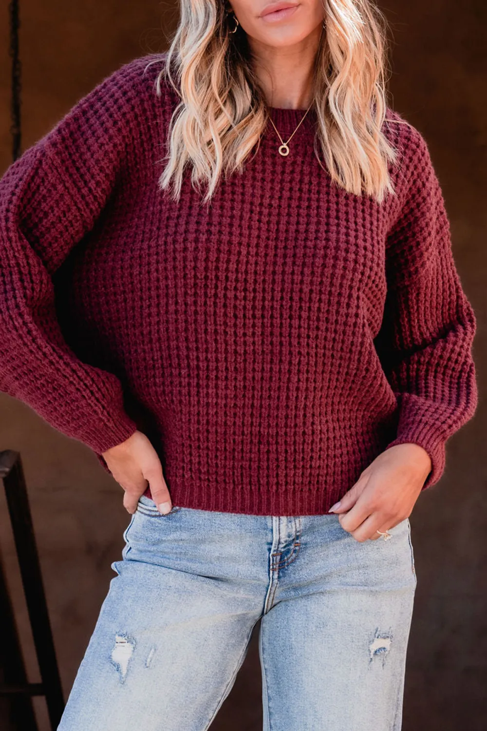 Burgundy Ribbed Waffle Knit Sweater