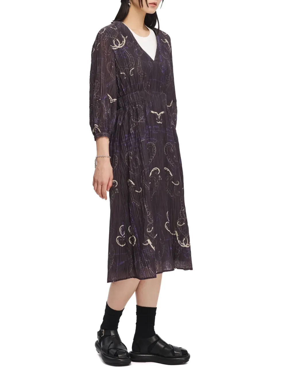 French Curve Ruler Print Puff-Sleeves Dress